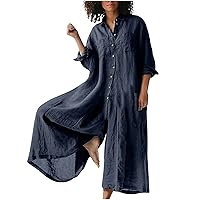 Women's Oversized Wide Leg Pant Romper Loose Fit Button Jumpsuits Long Sleeve Linen Flowy Long Pants Playsuits