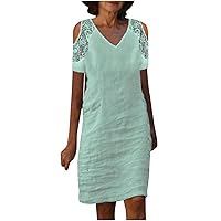 Cold Shoulder T Shirt Dress for Women Lace Crochet V Neck Short Sleeve Beach Dress Plus Size Cotton Linen Midi Dress