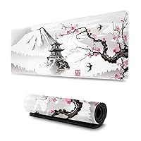 Japanese Cherry Blossom White Gaming Mouse Pad XL, Extended Large Mouse Mat Desk Pad, Stitched Edges Mousepad, Long Nonslip Rubber Base Mice Pad, 31.5 X 11.8 Inch