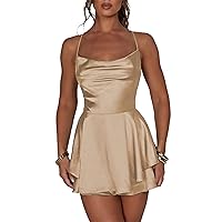 Women's Summer Satin Dress Sexy Backless Cowl Neck Tie Layer Mini Dress Spaghetti Strap Cocktail Party Dress