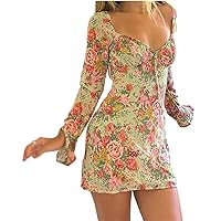 Spring Long Sleeve Party Dress Sweet Fresh Floral Lace-Up Chic Square Neck Slim-Down Mini