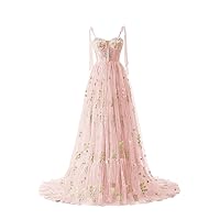 Basgute Flower Embroidery Tulle Prom Dresses Corset Long Spaghetti Strap Fairy Formal Evening Party Gown for Women