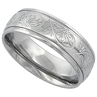 Surgical Stainless Steel 7mm Scrollwork Wedding Band Ring Engraved Comfort fit, Sizes 6-14