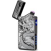 Electric Lighter USB Rechargeable Lighter, Windproof Plasma Dual Arc Lighter, Flameless Cool Lighters with LED Battery Indication for Candles, Incense Stick, Outdoor Camping (Black Dragon)