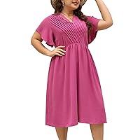 Keluummi Plus Size Dresses for Curvy Women, Summer Casual Midi Wedding Guests Dress with Empire Waist, V Neck and Pocket