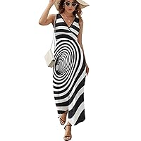 Abstract Black and White Striped Optical Long Dress for Women Summer Printed Sleeveless