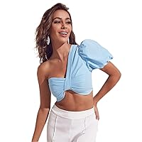 One Shoulder Puff Sleeve Ruched Crop Top