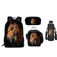 Horse Black School Backpack Set of 4 Lunch Bag Pencil Case Water Bottle Holder for Kids Girls