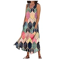 Summer Dresses for Women 2023 Retro Elegant Sleeveless U-Neck Maxi Dress Loose Striped Print Sun Dress with Pockets
