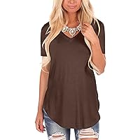 Andongnywell Women's Casual Solid Color T-Shirts Short Sleeve V Neck Loose Summer Casual Tunic Tops Blouse