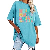 Womens Long Sleeve V Neck Blouse Loose Alphabet Print Off Shoulder Sleeve Crewneck Short Tunic Tee Shirts for