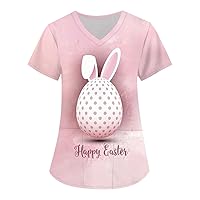Easter Printed Blouse Ladies Tunic Short Sleeve Tee Dressy Tshirt V-Neck Workwear Fashion Tops with Pockets Summer Shirt