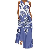Women Plus Size Floral Printed Long Maxi Dress Summer Sleeveless Flower V Neck Flowy Dress Casual Sundress Beach Dresses