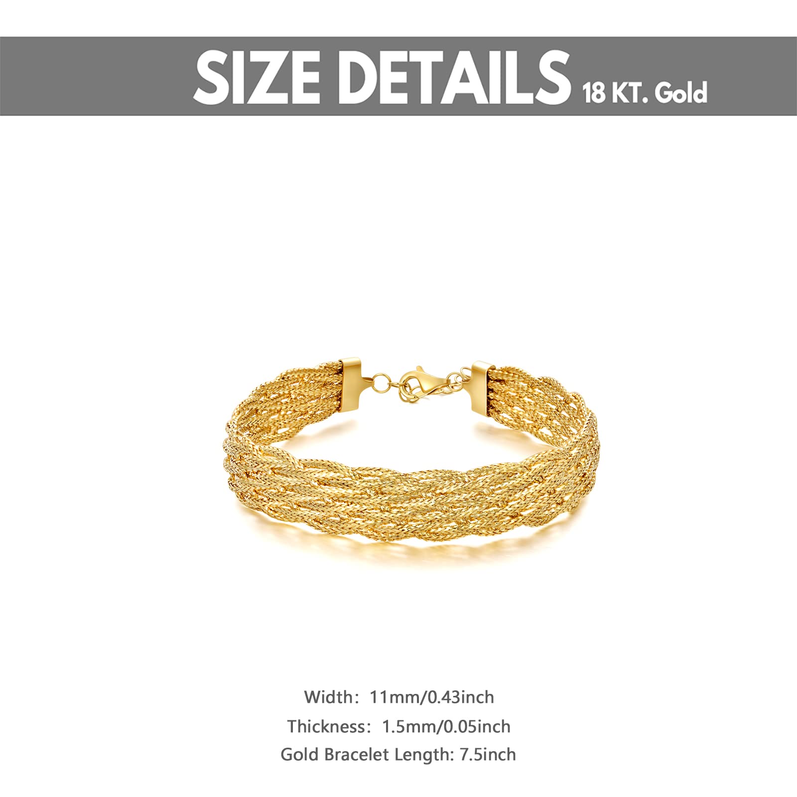 18k Real Gold Braided Bracelet for Women, 11mm Width Yellow Gold Italian Woven Link Bracelet 5 grams Weight Fine Jewelry Gift for Her, 7.5inch Adjustable Length