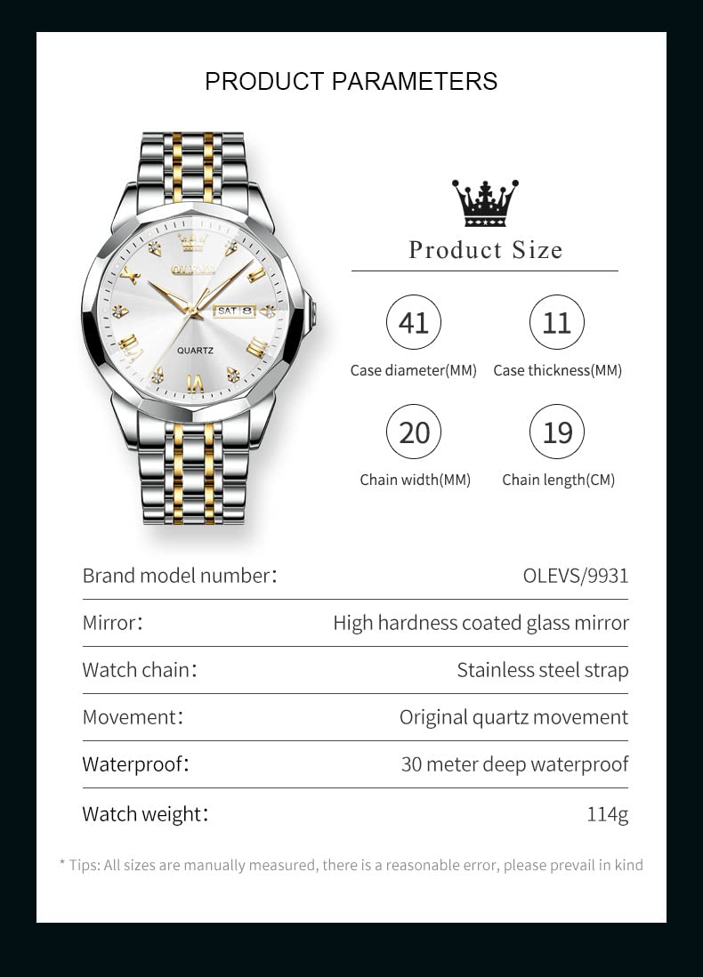 OLEVS Uhren Herren Diamant Business Kleid Analog Quarz Edelstahl Wasserdicht Leuchtdatum Zweifarbig Luxus Casual Armbanduhr Geschenke für Männer
