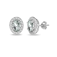 Sterling Silver Genuine, Simulated or Synthetic Gemstone Oval Halo Stud Earrings for Women girls Bridesmades