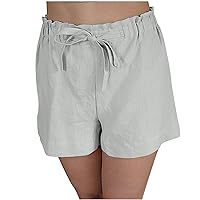 Womens Cotton Linen Shorts Summer Casual Drawstring Elastic Waist Shorts High Waisted Loose Fit Solid Color Plus Size Shorts