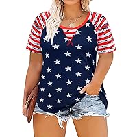 RITERA Plus Size Tops for Women 2X Color Block Tunic Blue Star and Red Striped Raglan Short Sleeve Summer Shirt Holiday Tshirt Flag Print Round Neck Comfy Cute Blouse 2XL 20W 18W