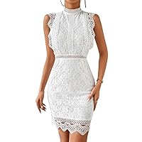 Dresses for Women 2024 Sleeveless Guipure Lace Overlay Mock Neck Scallop Trim Dress Casual