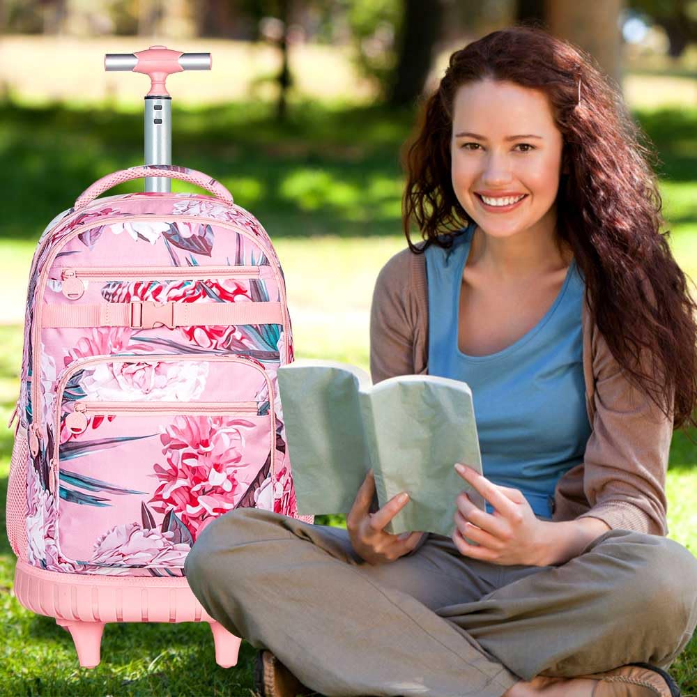 FTJCF 3pcs Rolling Backpack for Women, 21 Inche Adult Bag with Roller Wheels, Wheeled Bookbag Set for Girls