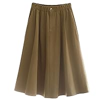 Womens Elastic High Waisted Skirts Button Up Pleated Midi Skirt A-Line Casual Flared Skirts Knee Length Solid Color Skirt