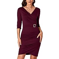 LYANER Women's Wrap V Neck Ruched Front 3/4 Sleeve Bodycon Cocktail Party Midi Dress