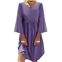 Women's Casual 3/4 Sleeve Loose Ruched Waist Summer Flare Dress Beach Flowy Shirt Dress Cotton Linen A Line Dresses