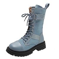 Womens Non-Slip Fashion Cowboy Boots Denim Patchwork Lacing Up Combat Bootie Round Toe Mid-Calf Motrocycle Booties