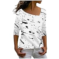 FYUAHI Work Shirts for Women,Women's Fashion Casual Slant Neck Irregular Print Long Sleeve Blouses for Women