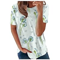 Blouses for Women Dressy Casual,Womens Tops Short Sleeve Round Neck Summer Fashion Dandelion Printed T Shirts Loose Fit Y2K Blouse Top 10 Birthday Gifts for Her