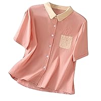 Women Color Block Cotton Linen Shirts Summer Short Sleeve Button Down Embroidered Blouse Casual Office Fashion Tops