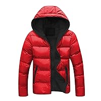 Mens Winter Jackets Contrast Hooded Overcoat Warm Outdoor Cotton Pad Jacket Full Zip Coats Long Sleeve Outerwear