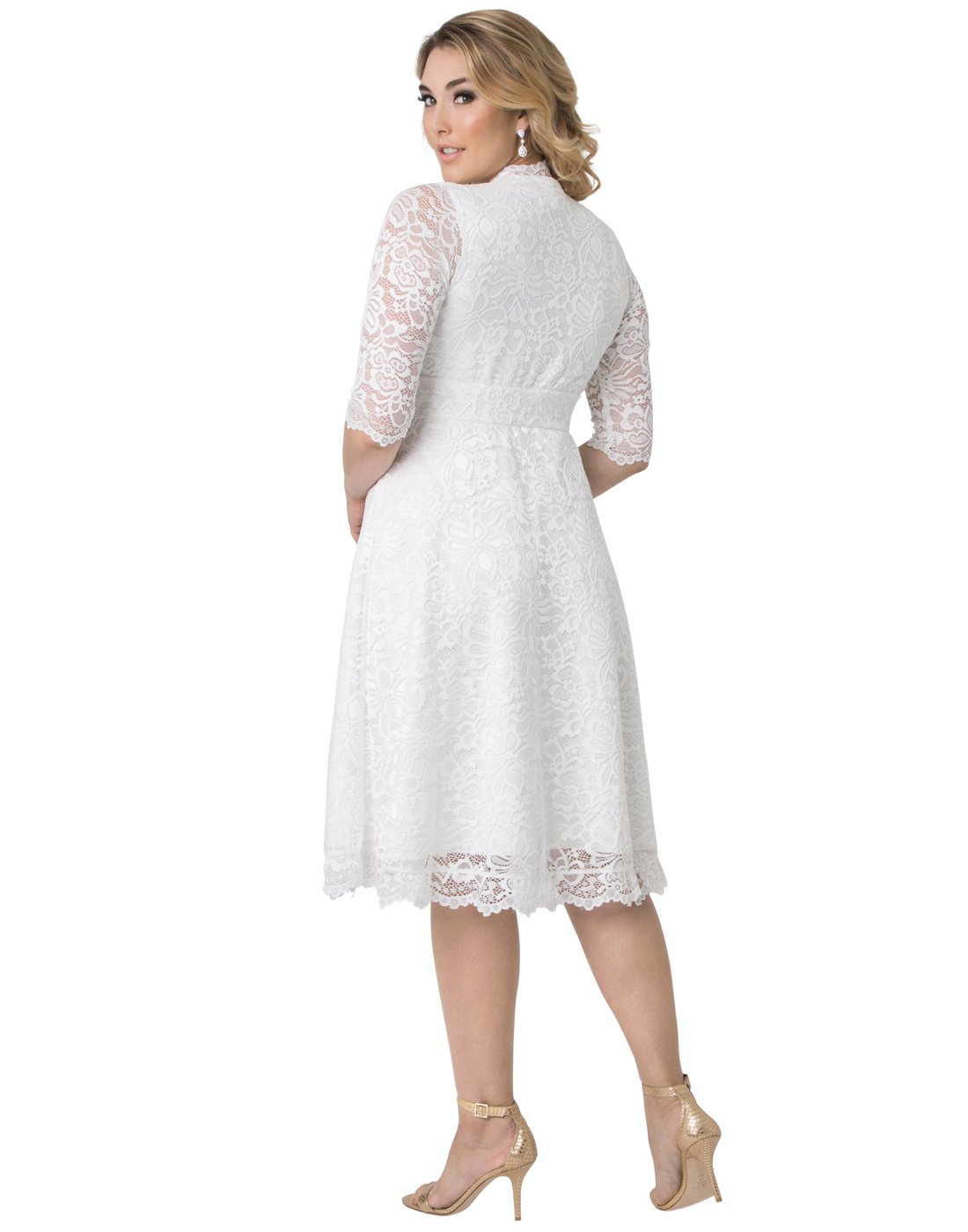 Kiyonna Women's Plus Size Belle Midi Lace Dress, Formal White Lace Dress for Bridal Shower, Cocktail Party