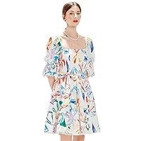 Floral Bohemain Beach Mini Dress Women's Square Collar Puff Sleeve Tassel Hem High Waist Sashes Party Robes