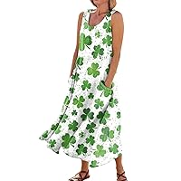 St.Patrick Holiday Summer Dress for Women,Plus Size Cute Tank Dress U Neck Flowy Pleated Sundress with Pockets