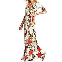 Tua USA 3/4 Sleeve Exotic Bohemian Print Stretch Knit Wrap Maxi Dress