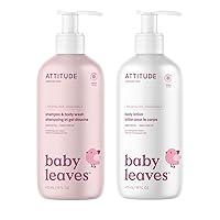 Bundle of ATTITUDE Body Lotion for Baby, EWG Verified, Dermatologically Tested, Plant and Mineral-Based, Vegan, Unscented, 16 Fl Oz + 2-in-1 Shampoo and Body Wash for Baby, Unscented, 16 Fl Oz
