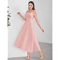 Women's Casual Dresses Contrast Lace Puff Sleeve Tie Back Dress Charming Mystery Special Beautiful (Color : Baby Pink, Size : X-Small)