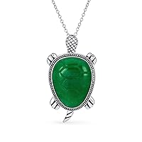 Bling Jewelry LARGE Unisex Nautical Tropical Beach Vacation Gemstone Light Green Jade Hawaiian Sea Turtle Pendant Statement Necklace For Women Men .925 Sterling Silver Oxidized