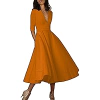 EFOFEI Women's Deep V Neck 3/4 Sleeve Dresses Vintage High Waist Long Swing Dress with Pockets