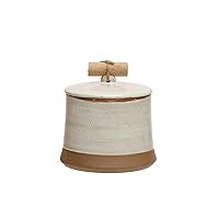 Bloomingville 5 Inches Round Stoneware Lid and Pine Wood and Jute Handle in Reactive Glaze, Beige Canister