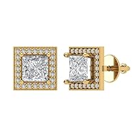 Clara Pucci 2.2ct Princess Round Cut Halo Solitaire White Created Sapphire Unisex Solitaire Stud Screw Back Earrings 14k Yellow Gold