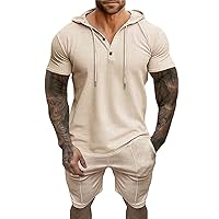 Mens Waffle Shorts Set 2 Piece Summer Tracksuit Short Sleeve Button Up Henley Hoodies and Shorts Set Matching Outfits