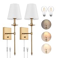Dimmable Wall Sconces Set of Two,ENCOMLI Plug in Wall Sconces White Fabric Shade,Wall Lamp with 6FT Plug in Cord,Plug in Wall Light Bathroom Vanity Light Fixture,LED Bulbs Included,Antique Brass