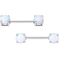 Body Candy Stainless Steel White Synthetic Opal Barbell Nipple Ring Set of 2 14 Gauge 9/16
