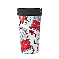 Red Heart Lips And Love Print Thermal Coffee Mug,Travel Insulated Lid Stainless Steel Tumbler Cup For Home Office Outdoor