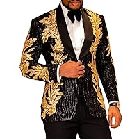 Men's 2 Piece Slim Fit Suit Set Shiny Beaded Gold Embroidery Suits One Button Decor Jacket Pants