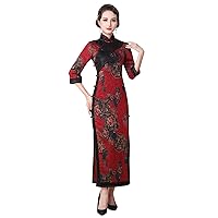 Women Red Slim Long Dress Silk Floral Printed Cheongsam Wedding Party Evening Qipao 3261