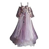 Women's Sweetheart Tulle Prom Dresses Puff Sleeves Floral Appliques Formal Party Dresses A-Line Long Prom Gown