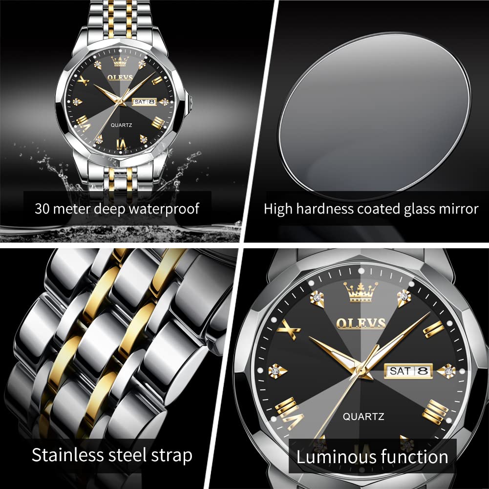 OLEVS Uhren Herren Diamant Business Kleid Analog Quarz Edelstahl Wasserdicht Leuchtdatum Zweifarbig Luxus Casual Armbanduhr Geschenke für Männer
